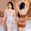 Sexy Oil Glossy Micro Mini Dress See Through Bodycon Tight Pencil Cute Dress Smooth Strap Backless Bandage Dress Candy Color