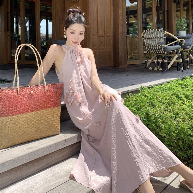 Summer New Elegant Flower Neck Pleated A-Line Loose Dress