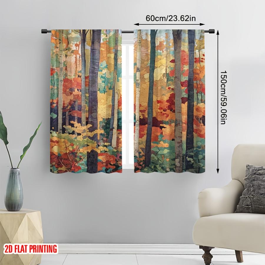 2PCS Digital Print Curtains, Abstract Autumn Forest, Modern Art