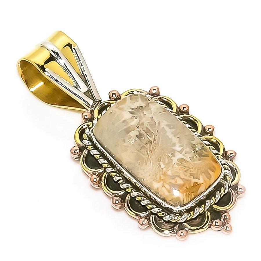 

Natural Fossil Coral TwoTone 925 Solid Sterling Silver Gift Pendant 1.50 g0h63
