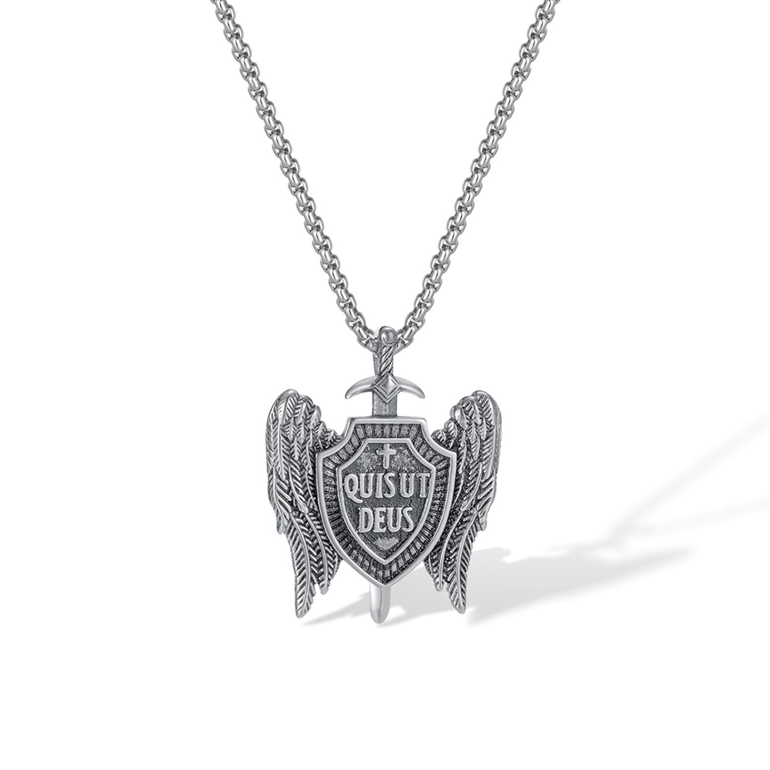 Opk Jewelry Vintage Titanium Steel Michael Sword Shield Pendant Angel Wings Cross Necklace