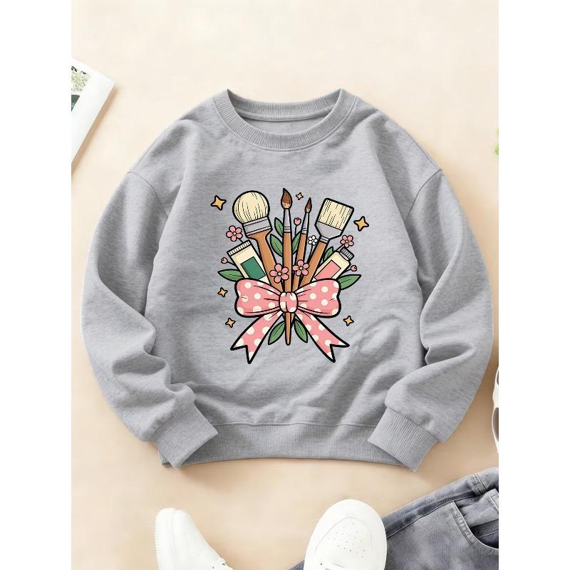 Kids Crewneck Sweatshirt, Artistic Brushstroke Bow Bouquet Print Long Sleeve Top for Autumn Winter