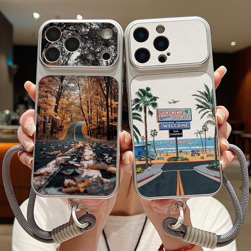 Mountain Road Print Leather Lanyard Case For iPhone 18 Pro Max 17 16 15 14 13 Pro Max Luxury Hybrid TPU+PU Anti-skid Soft Phone Cover