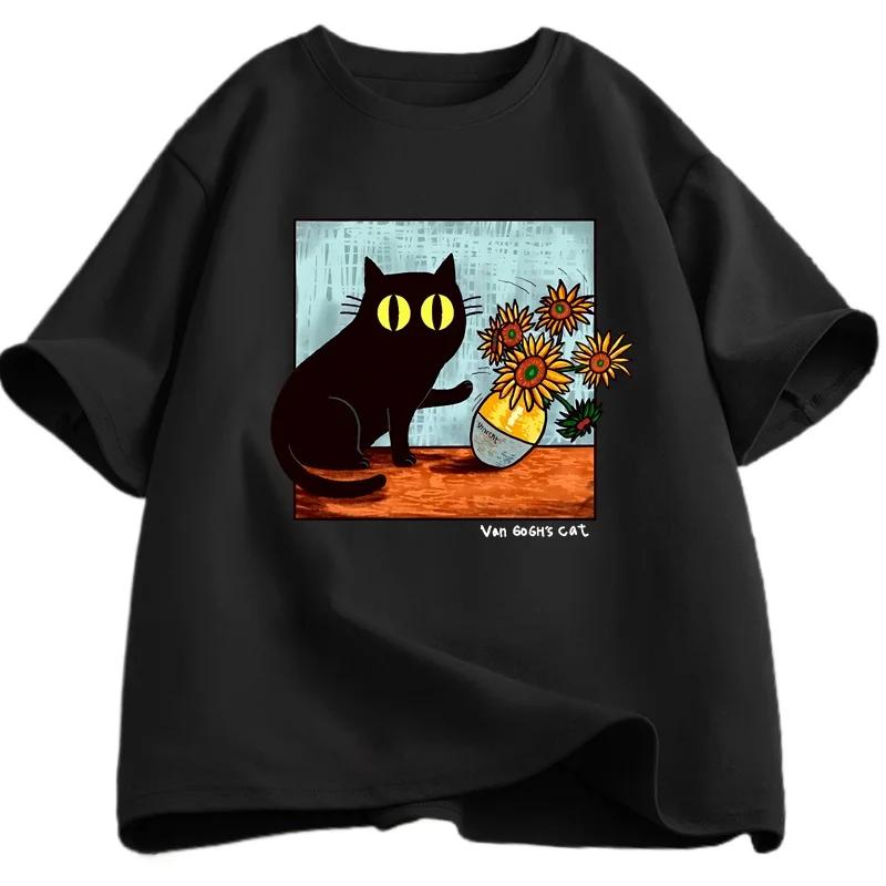 Van Gogh Cat Graphic T Shirts Men Women Flower Black Cat T-shirt Round Neck Short Sleeve Trendy Tee Shirt Street Wear Summer