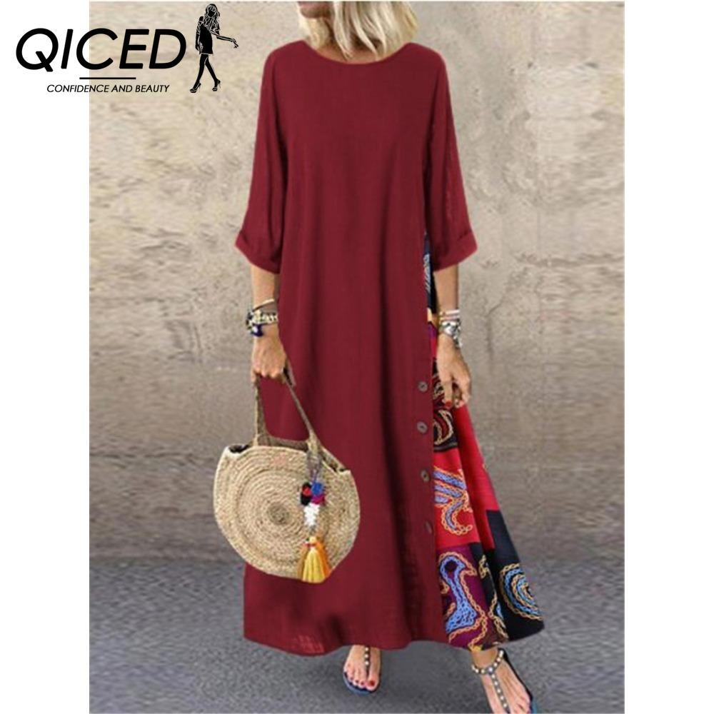 QICED 12 color Women Fashion Casual Loose Long Sleeve Floral Print Party Maxi Dress Plus Size Vestidos Longos Robe