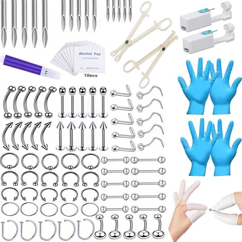 European & American Titanium Steel Piercing Tool Set: Lip Stud, Horseshoe Nose Ring & Stud