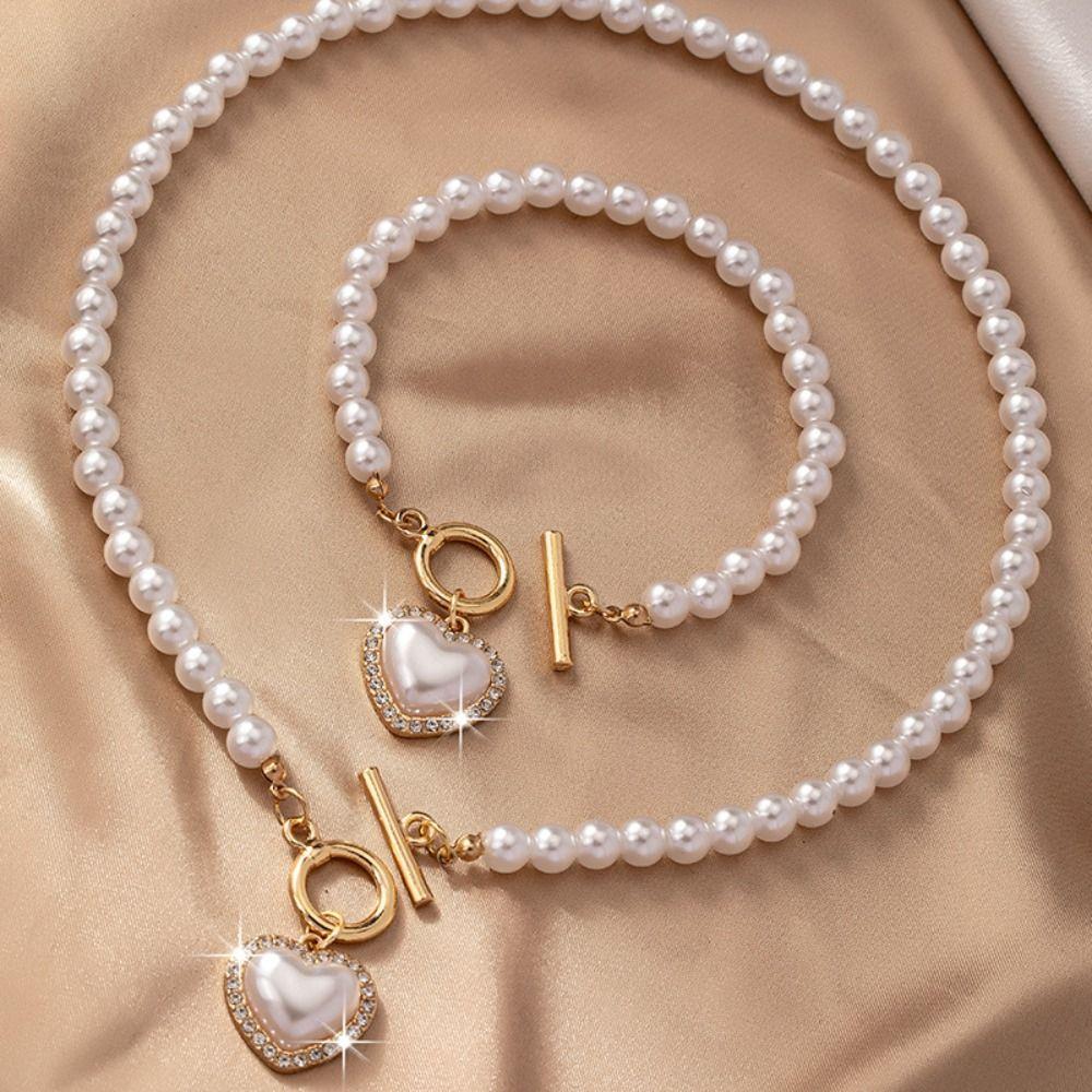 Beaded Heart Pendant Jewelry Set Crystal Pearl Necklace Set Necklace Bracelet Set  Wedding Party