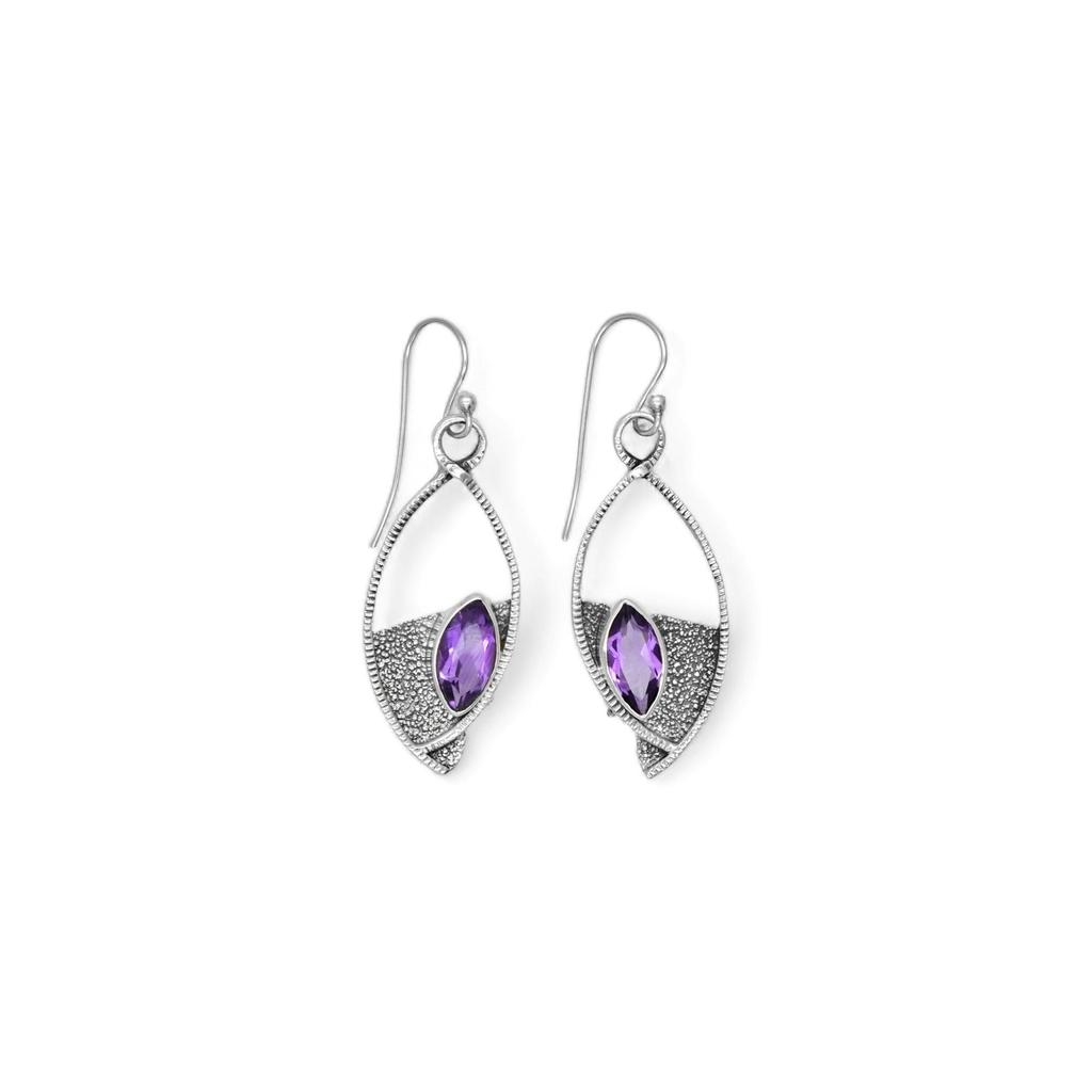 Natural Amethyst Dangle Earrings In Textured 925 Sterling Silver – Handmade Boho Chic Drop Earrings, Dainty Earrings for Women & Girls by ZIVORI