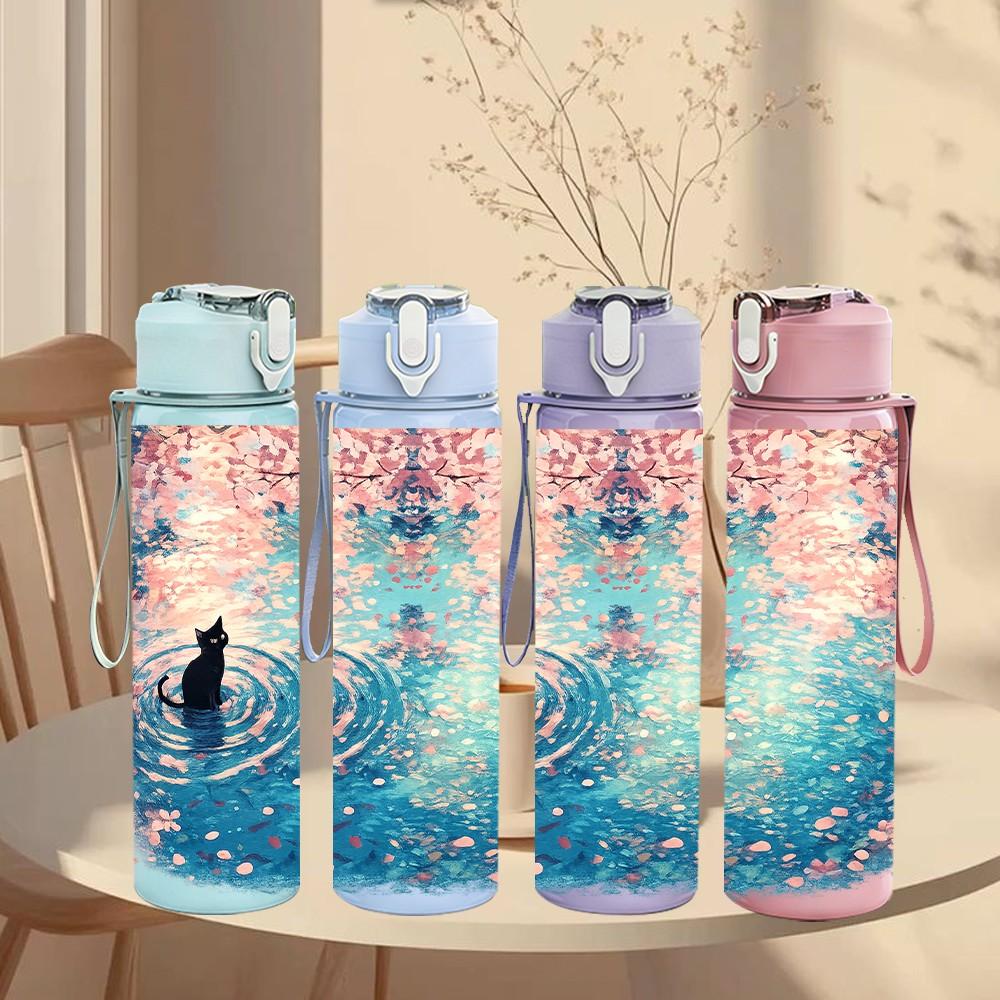 1PC Ocean Wave Watercolor Abstract Art 750ml Color Plastic Sports Water Bottle Leakproof Flip Straw Lid Suitable for Sports Office Home Use