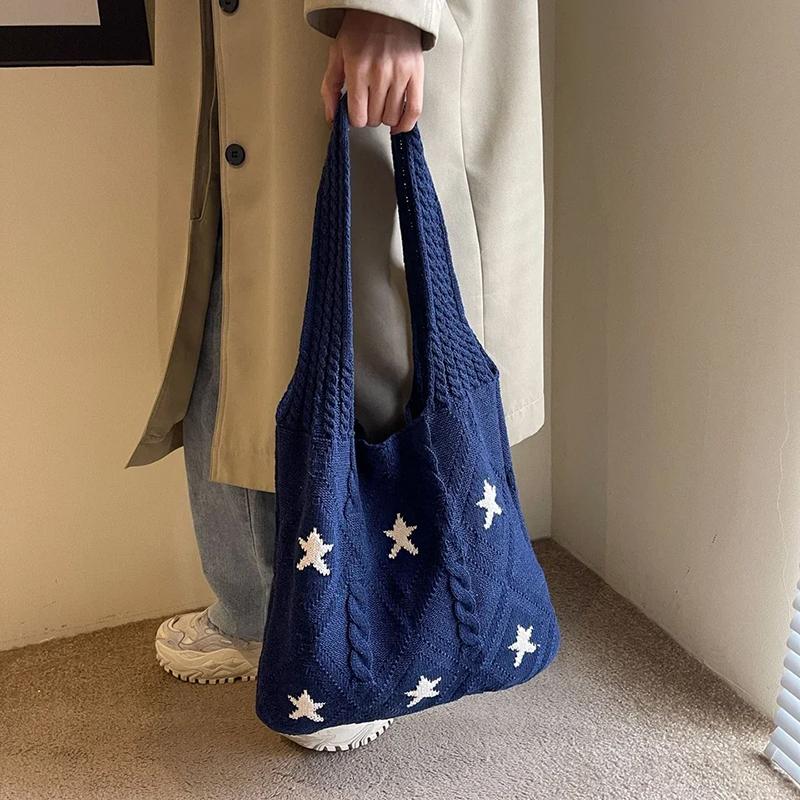 Star Knit Women's Bag New Knitted Eco Shopper Bag Crochet Rope Shoulder Bag Female Knitting Handbag Vintage Tote Bag AVE