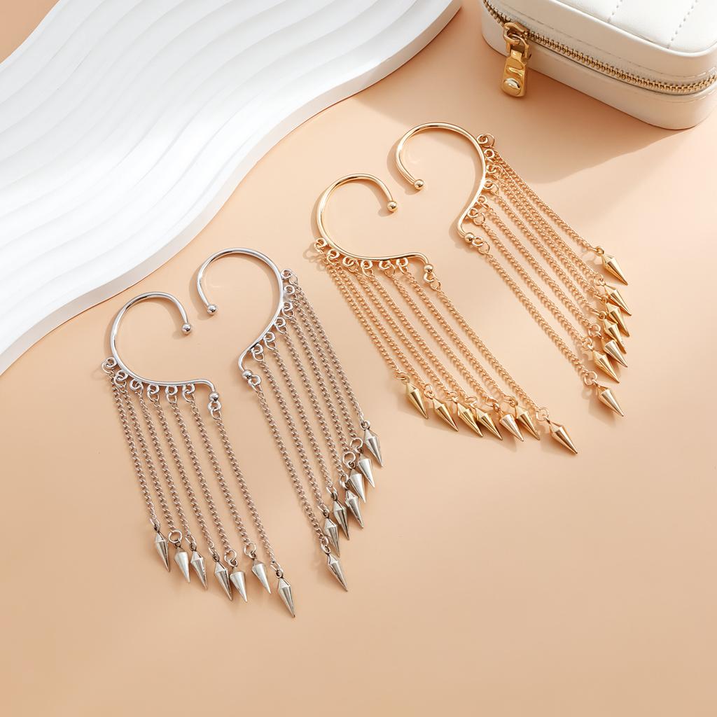 Metal Fringed Ear Hanging Without Ear Piercing Design, Sexy Spice Girl Style Exaggerated Cone Earrings