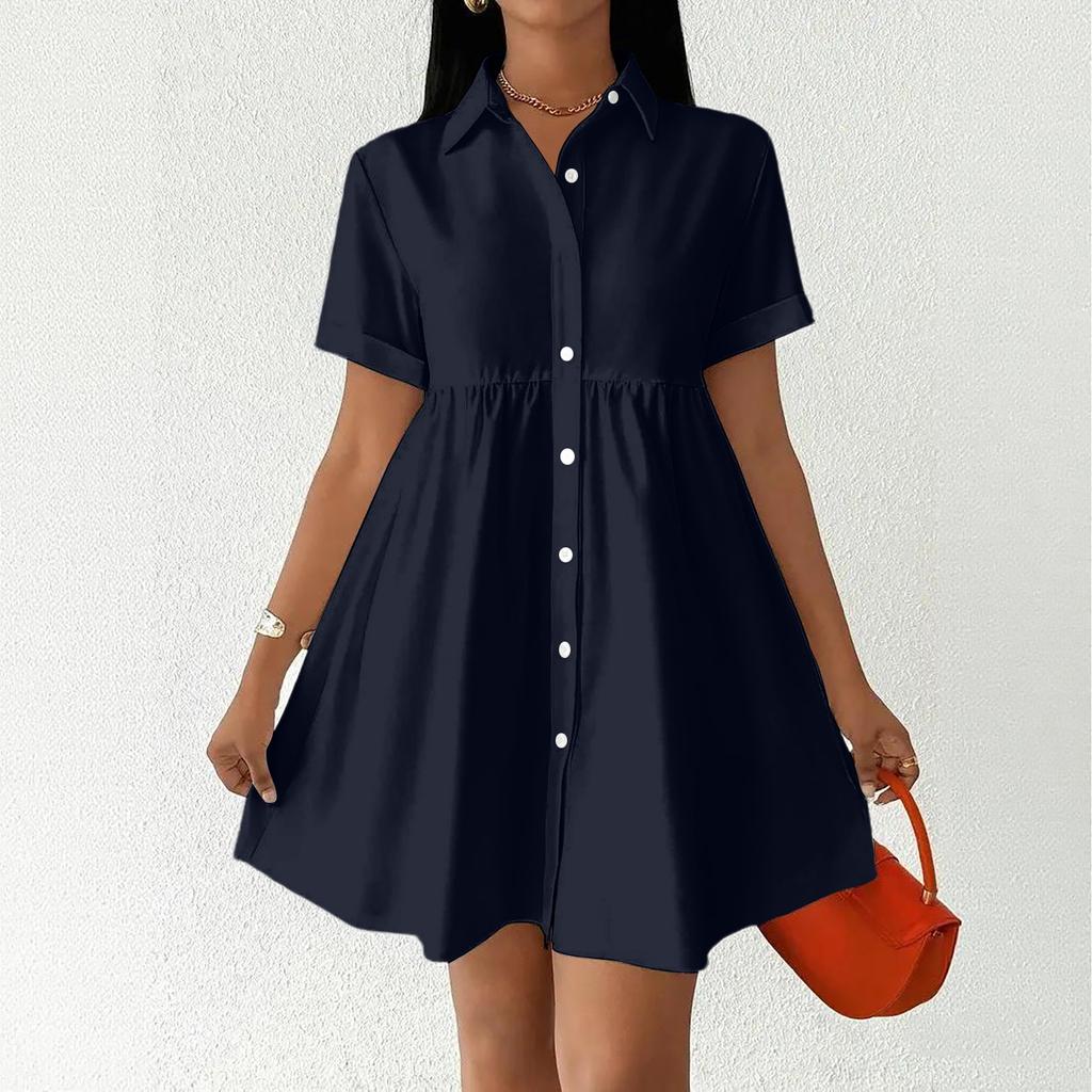 Women Short Sleeve Shirt Dress Button Down Collared Loose Fit Casual Mini Dress with Pockets Summer Style