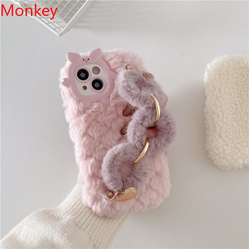 Cute Korean Fur Wrist Chain Silicone Case For iPhone 17 16 Pro Max 15Plus 14 13 12 11 Winter Furry Fluffy Plush Wrist Band Cover