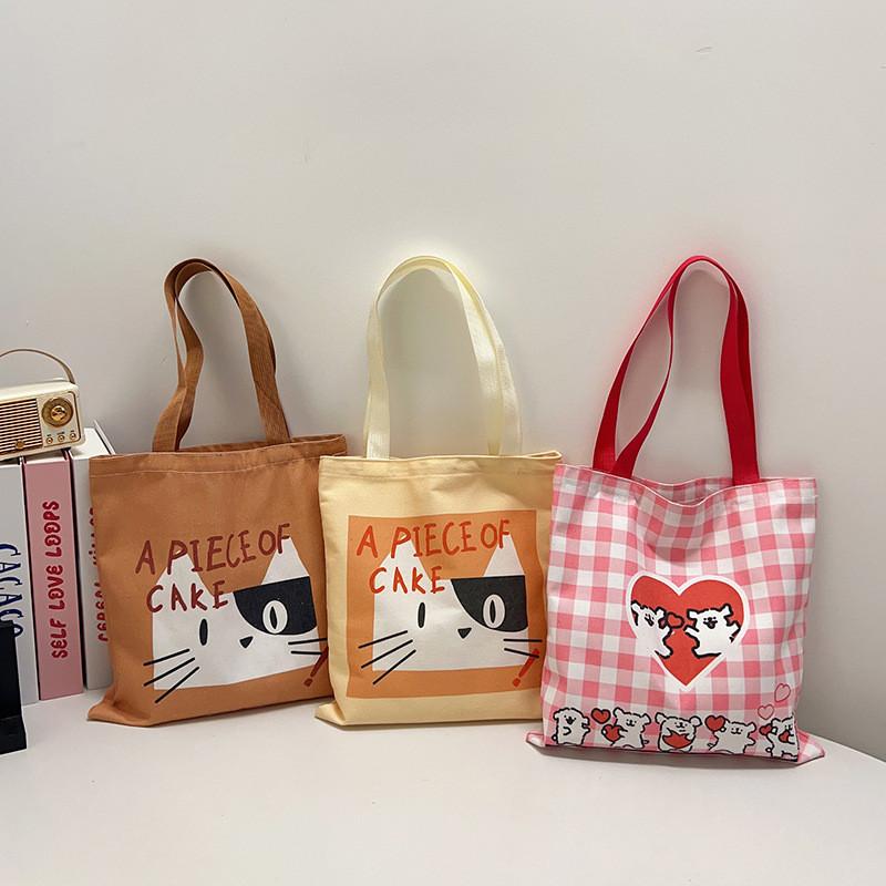 Cute Cat And Maltese Checkered Pattern Student Casual Canvas Bag For Outings And School