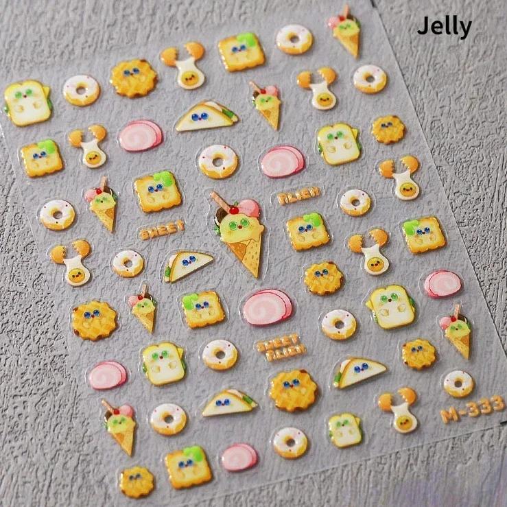 Cartoon Cute Bear Pudding Pretzel Bread Croissant Cookies Shiny 3D Self Adhesive Nail Art Stickers Bakery Lovely Manicure Decals