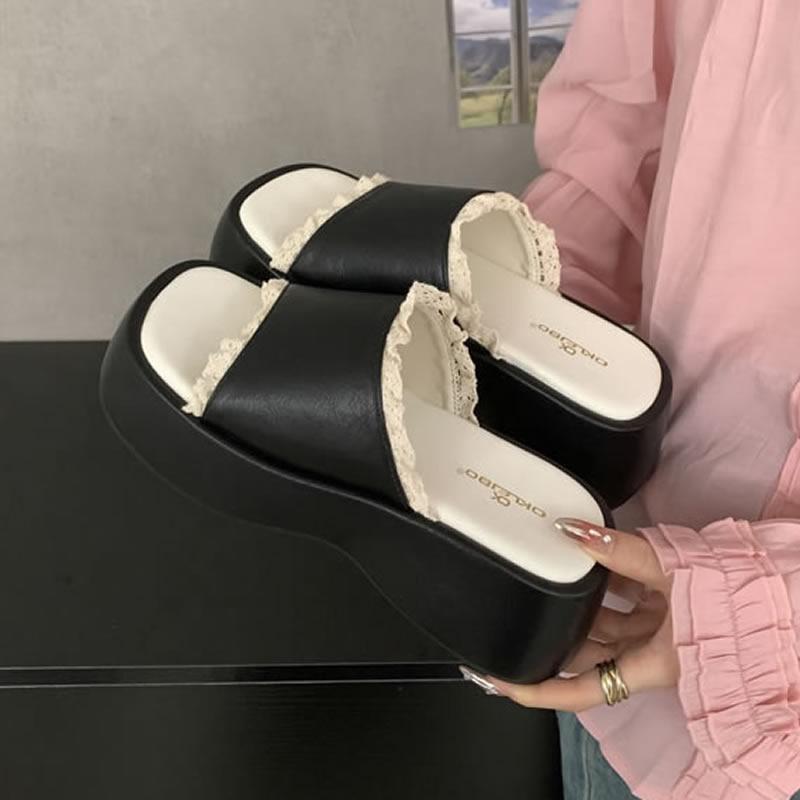 French Thick Heel Women's Open-Toe Summer Outdoor Lace Trim Sweet Slippers Rubber Sole Microfiber Material Ladies Slippers
