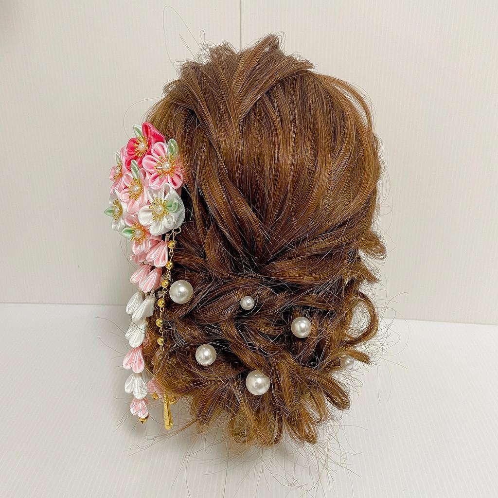 Pink Hair Pearl Japanese Hair Hair Hakama Head Hair Decoration Tsumami-zaiku Ornament, Pin, Ornament, Shichi-Go-San Ornament, Dress, Accessory,