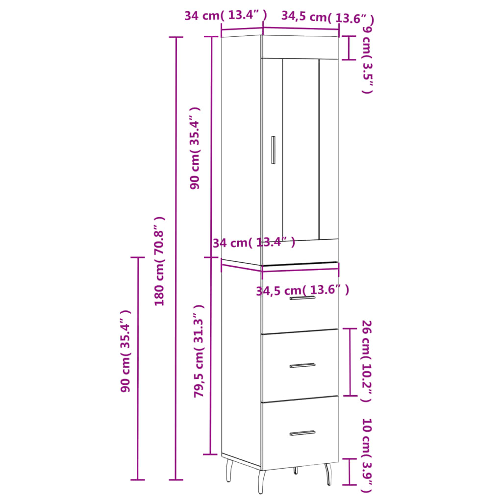 White Highboard 13.6 X 13.4 X 70.9 (W X D X H) Particleboard