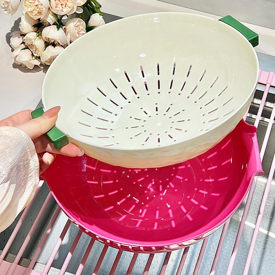 Double-layer Draining Basket Plastic Fruits Vegetable Wash & Drain Basket, Storage Basket, Multi-layer Stackable for Kitchen