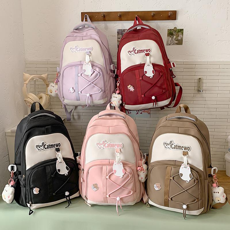 Fashionable Blocked Color Letter Cat Pattern Student Backpack Pendant With