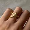 Stainless Steel Starfish Open Rings For Women Men Fashion Golden Color Irregular Textured Starfish Adjustable Ring Jewelry Gift