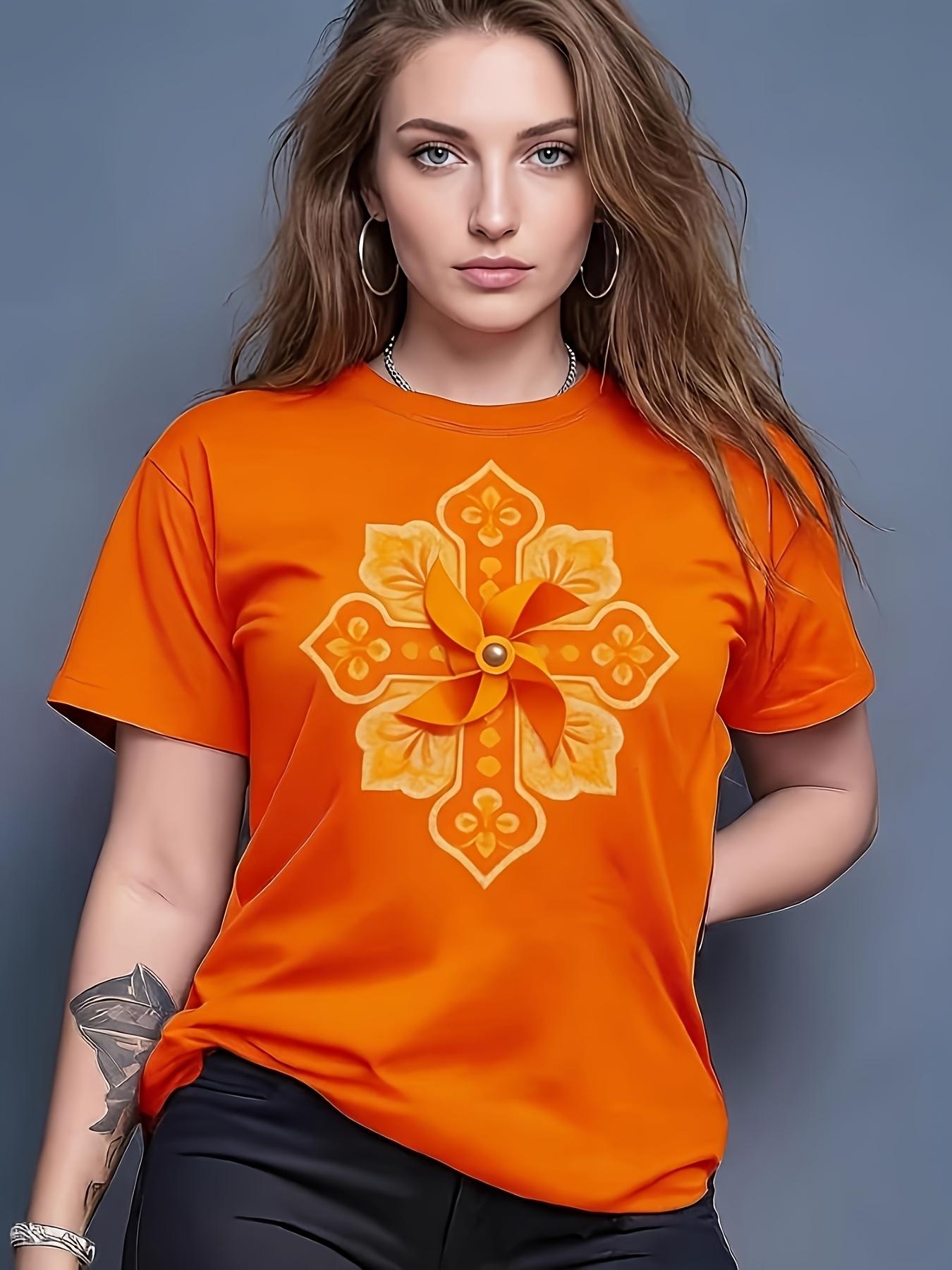 Women  Dutch Windmill Print T-Shirt - Koningsdag Limited Edition Round Neck Top with Dutch Orange Windmill ; Suitable for Netherlands-Themed Outfits. M дубильная кора