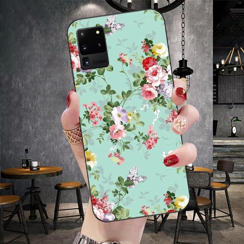 Kryt na telefon s motivem vintage květin pro Samsung Galaxy S6 S7 S8 S9 S10 S21 S22 Plus, ultra měkký, černý