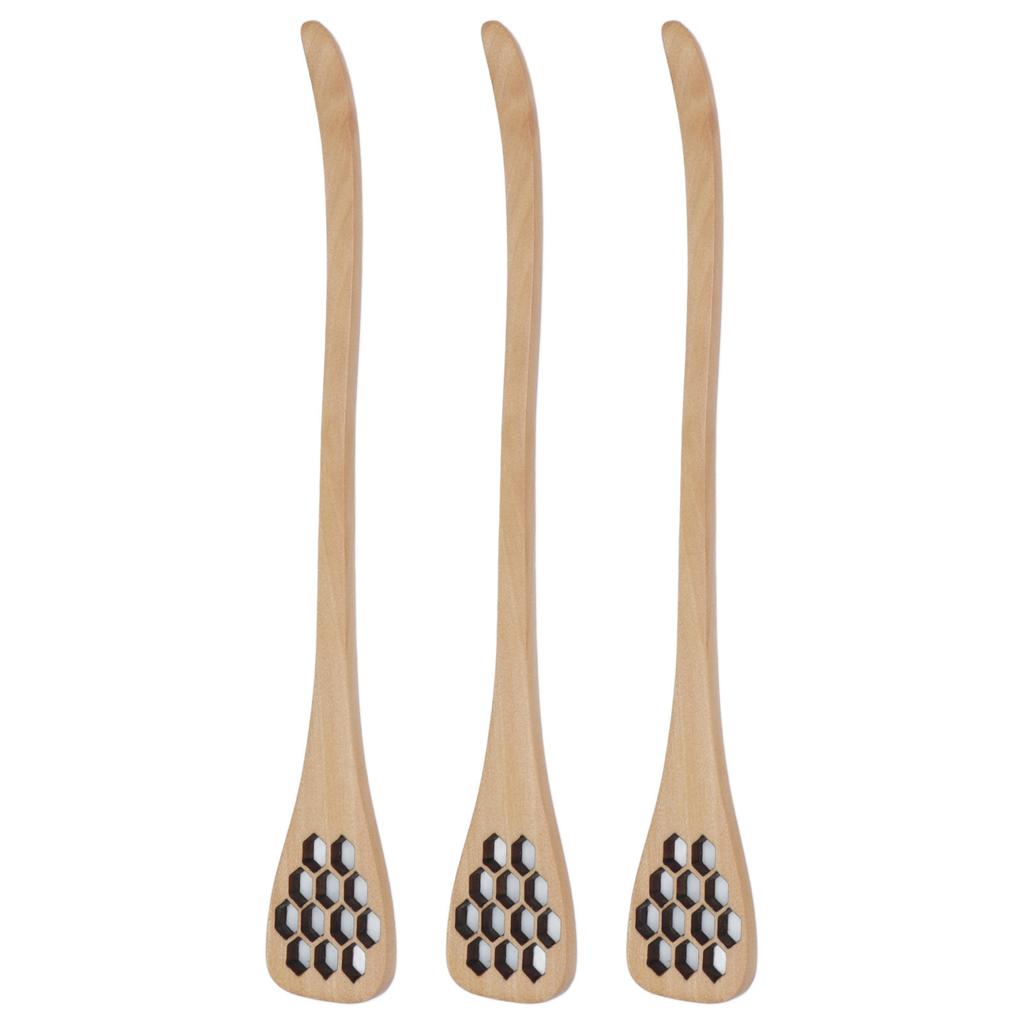 3Pcs Honey Dipper Reusable Wooden Carving Honey Spoon Mixing Stick for Home Kitchen RestaurantWood Color