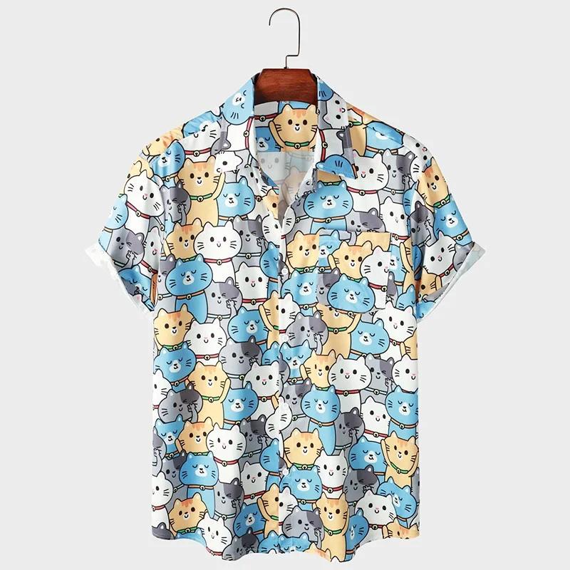 Neues Kawaii 3D Cartoon Anime Katzen Print Hemd für Herren Coole Designs Kurzarm Knopf Hawaiianische Hemden Urlaubs Strand Tops Bluse