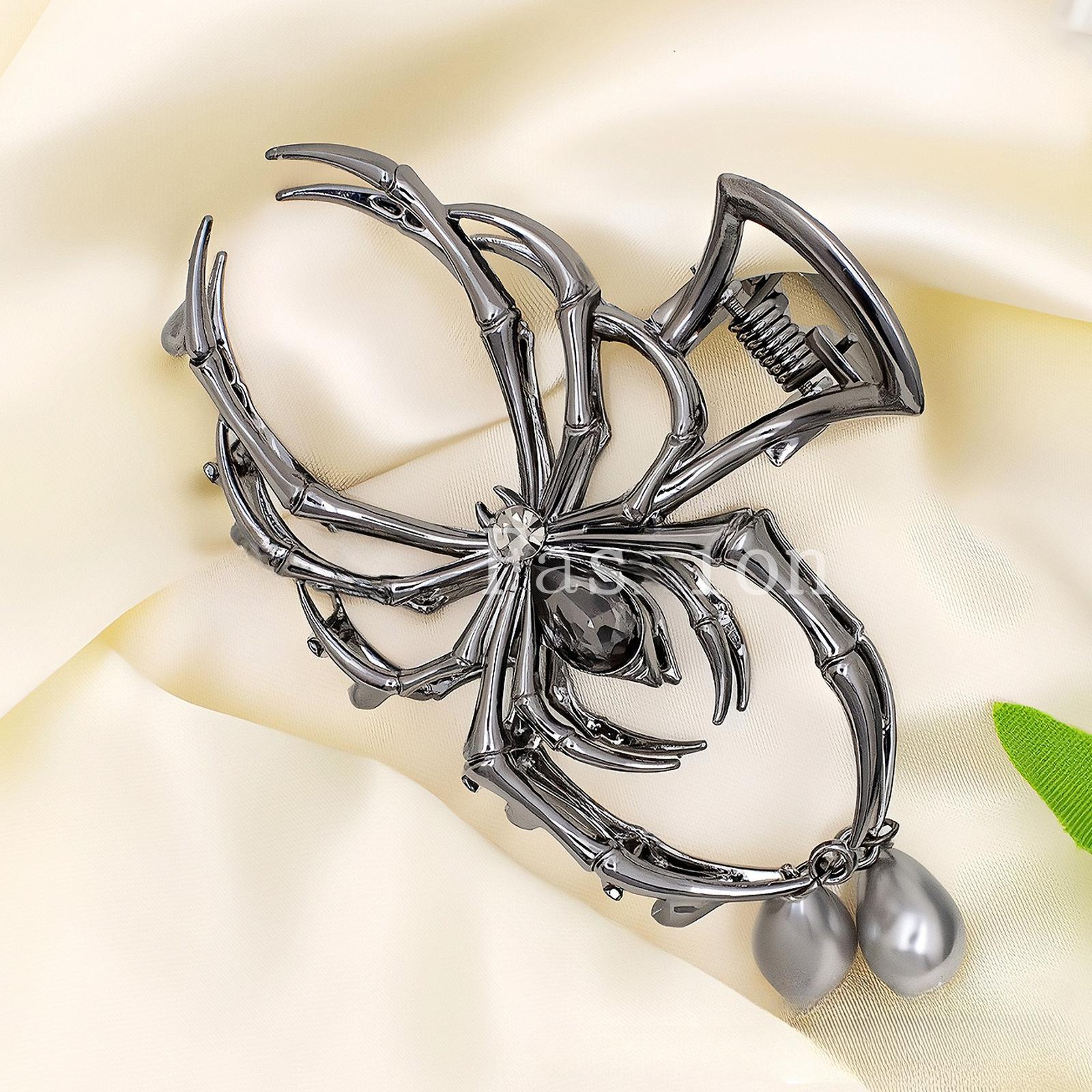 

1 шт. Хэллоуин Черные заколки-крабы для волос в виде паука с жемчужной подвеской, Металлические готические панк-заколки для волос, Сильная фиксация, Аксессуары для волос