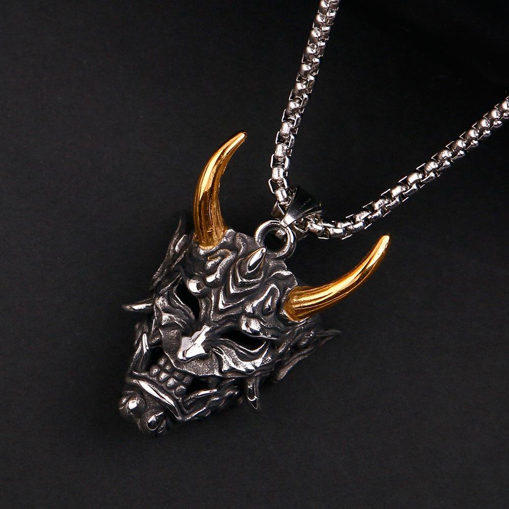 Golden Horn Prajna Pendant, Men'S Ghost Mask Necklace Halloween Gift