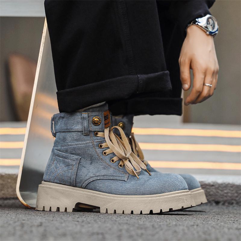 Breathable Men's Casual Boots Fashion Denim Cloth Short Boots Retro Work Boots Platform Men Ankle Boots Handmade High Top Shoes