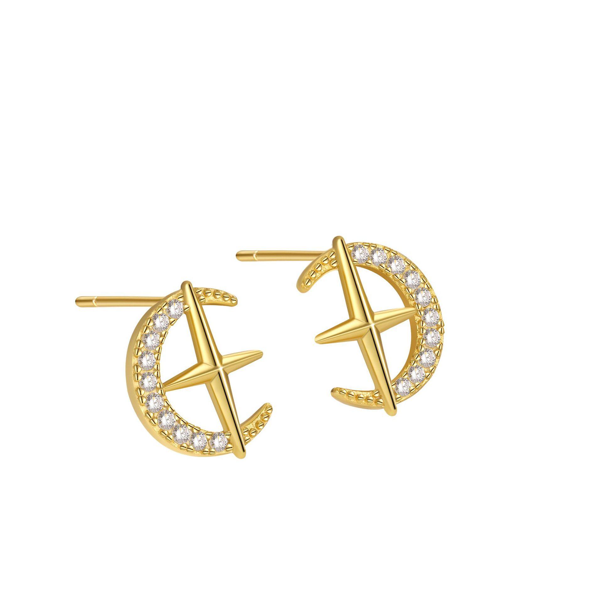 

925 Sterling Silver Inlaid Zircon Star Moon Earrings for Women Small Exquisite Silver Jewelry золотий