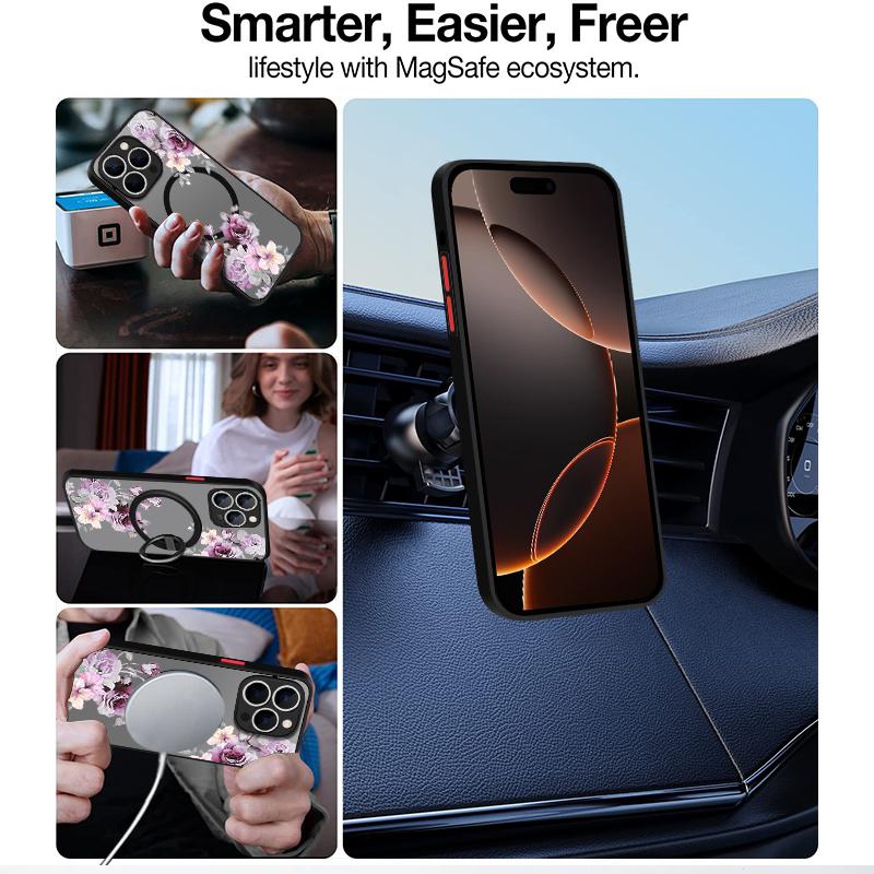 Purple Peony Print Magnetic Phone Case For iPhone 15 16 14 Pro Max 16 PLus 13 12 Pro 11 For Magsafe Wireless Charge  Hard Cover