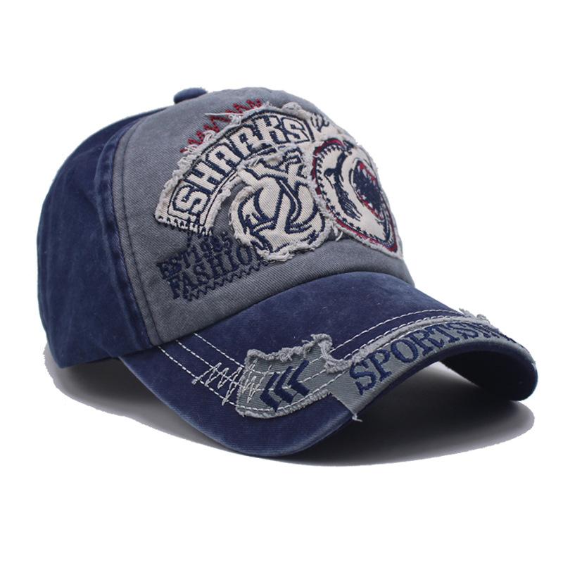 Neue bestickte Jeans-Kappe mit Hai, alt gewaschen, trendige personalisierte Baseballkappe für Herren, Sonnenschutzkappe für Damen