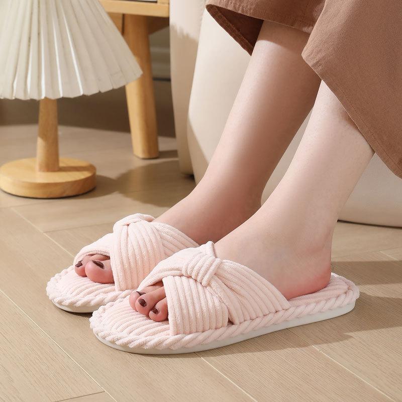 Fashion Indoor Soft Solid Cotton Slipper Woman Winter 2025 Casual Open Toe Flat Slippers Women Cross Strap Corduroy Cotton Slides Mujer