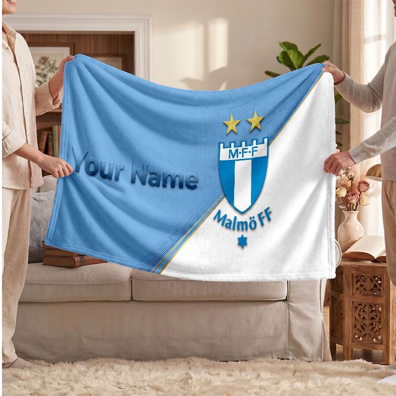 Malmö FF Personalized Fleece Blanket With Football Logo, Custom Name Text Soft Warm Home Throw Blanket