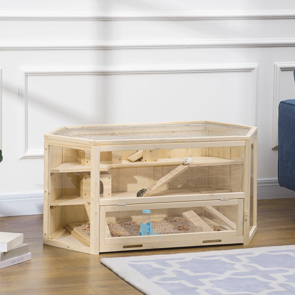 3-Tier Wooden Hamster House with Opening Roof and Transparent Wall, 115x60x55cm