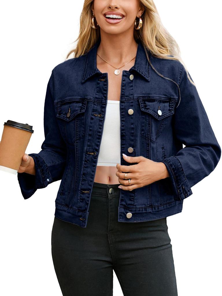 2026 Women's Trendy Long-Sleeve Denim Jacket with Pockets and Fitted Shorts