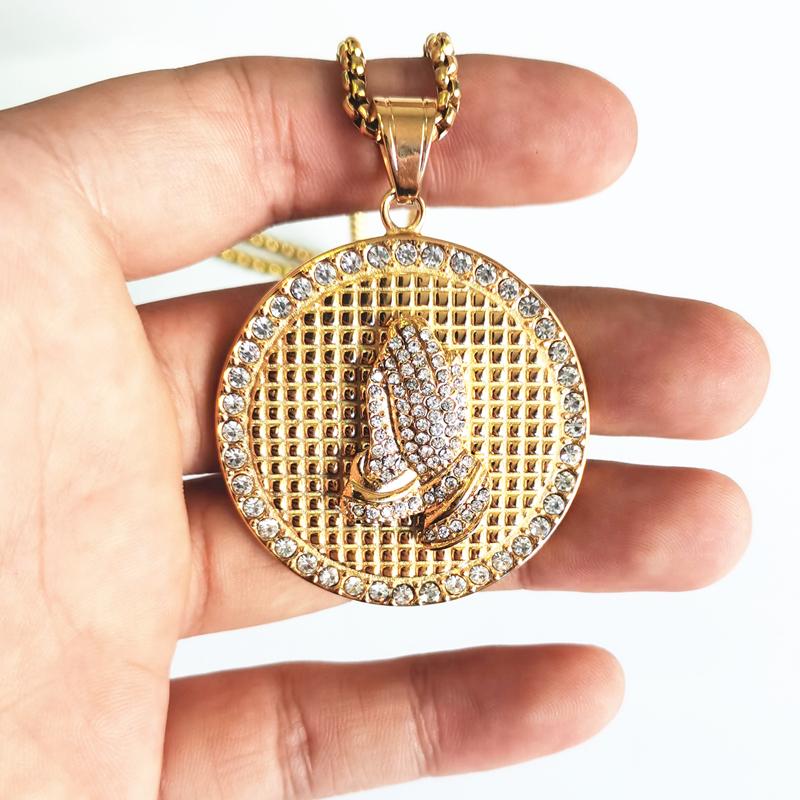 New Model Hip Hop Men Gold Color Rhinestone Praying Hands Necklace Pendant Stainless Steel Iced Out Pendant & Chain Jewelry 60cm