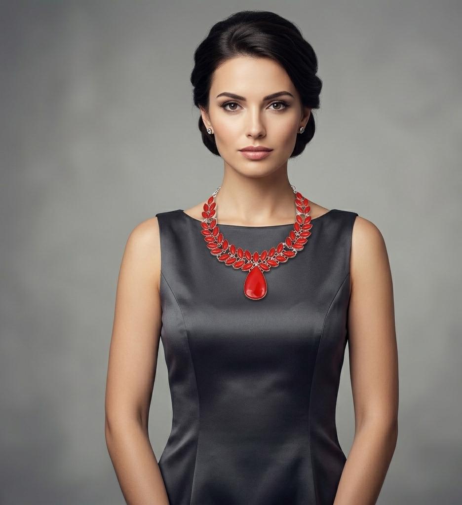 Red Coral Gemstone 925 Sterling Silver Statement Necklace  Handcrafted Marquise Leaf Design Big Necklace for Women Elegant Red Gemstone Jewelry Gift