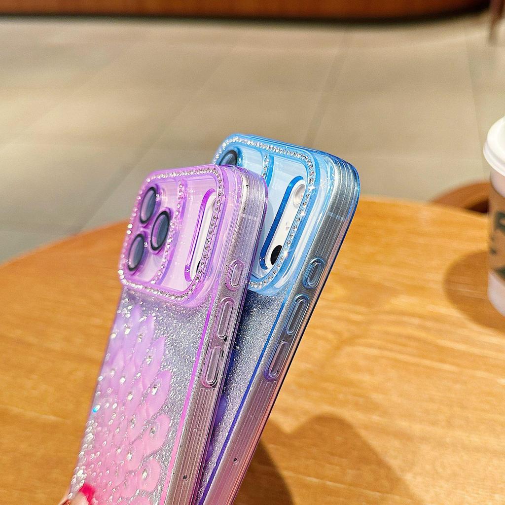 Colorful Gradient Glitter Peacock iPhone 17 Case with Rhinestones for Apple 16 Pro Max