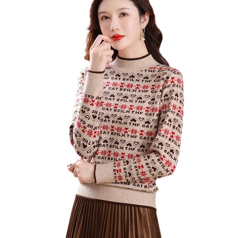 2024 Women's Autumn/Winter Half-Turtleneck Jacquard Knitted Sweater
