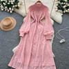 French Court Style Dress Women's Autumn High-end Single-breasted Waist and Thin Temperament Lace Long Dresses