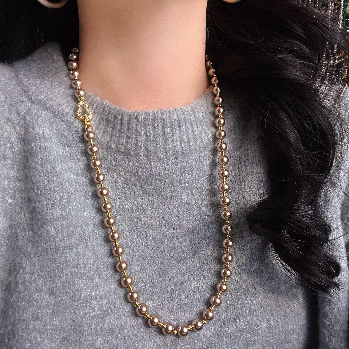 

High Quality Maillard Gold Brown Artificial Crystal Pearl Necklace Necklace Sweater Chain Women