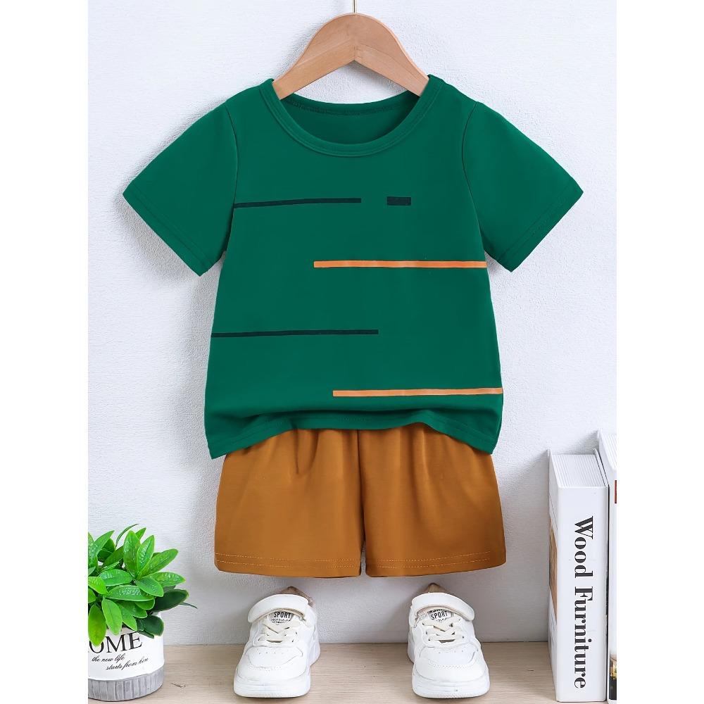 2pcs Boys' Casual Style Summer Outfit Striped Print Round Neck Short Sleeve T-Shirt and Casual Shorts Set, Perfect for Outdoor