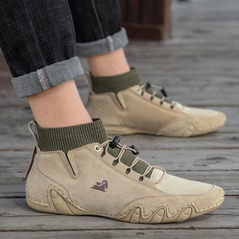 Autumn and Winter Socks Mouth High Top Leather Boots Fleece-lined Handmade Cotton Shoes Genuine Leather Men's Shoes