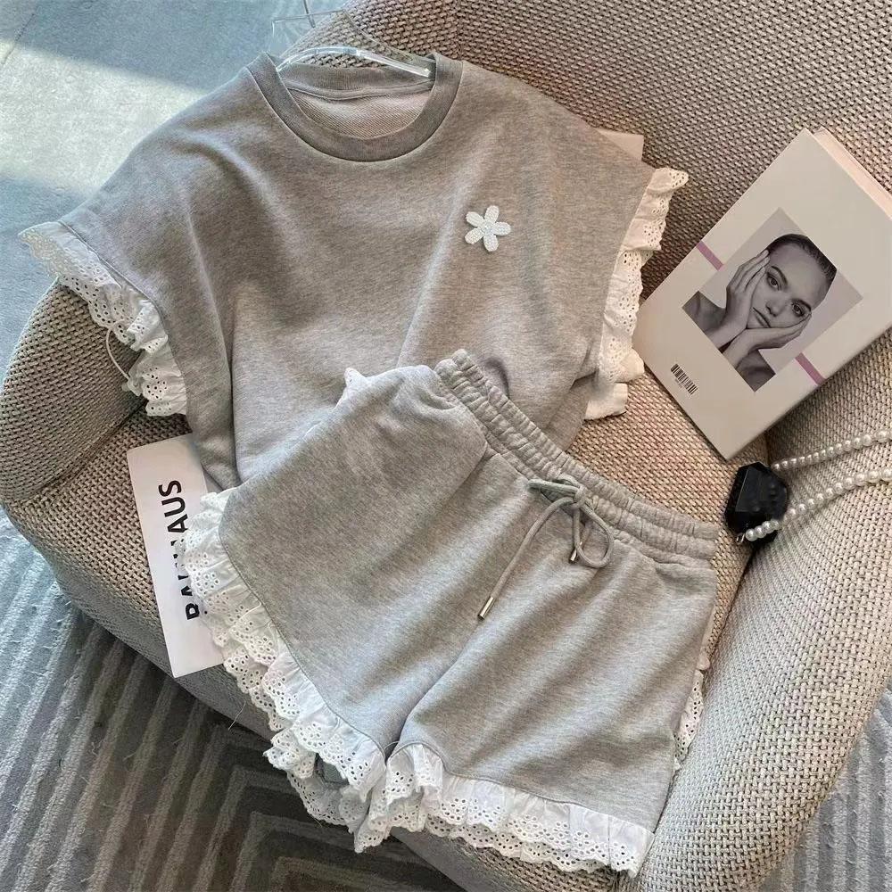 

Повседневный комплект из двух предметов, летнее платье для девочек, кружевная футболка с короткими рукавами, шорты, модный свободный спортивный костюм из двух предметов 110 серый