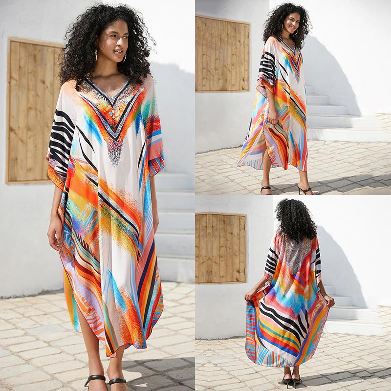 European-American Cotton Print Loose Plus Size Long Dress Beach Cover-Up Robe Style