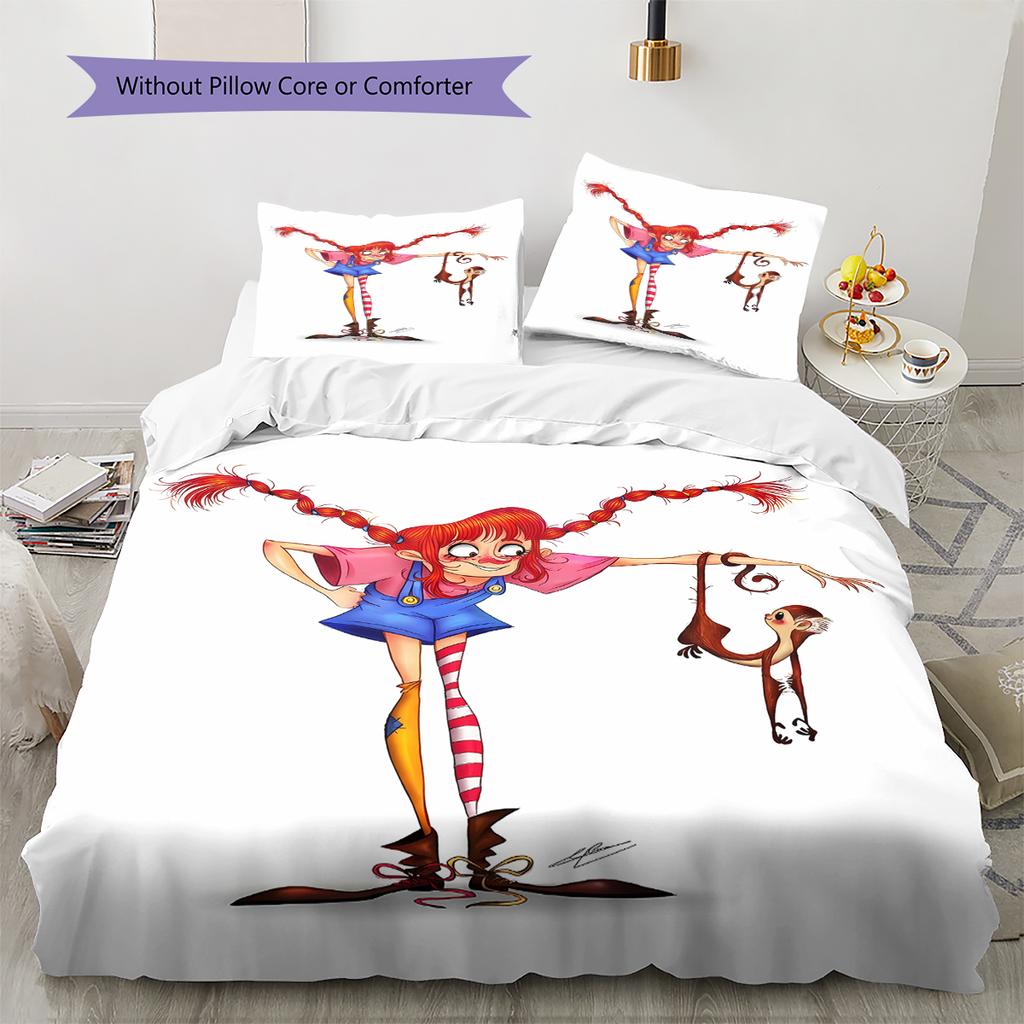 Pippi Longstocking Pattern Bedding,Quilt Set Quilt Cover Pillowcase Home Birthday Gift (1 * Duvet Cover + 2 * Pillowcase, Without Core)